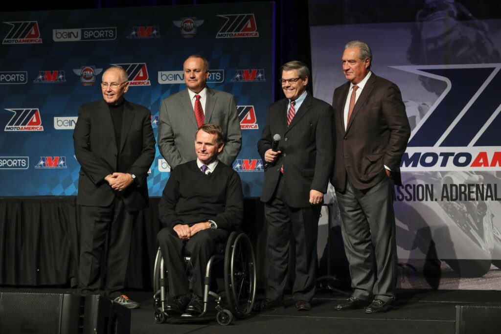 KRAVE Group/MotoAmerica partners Terry Karges (far left), Chuck Aksland (second from left), Wayne Rainey (center), and Richard Varner (far right) with AMA President Rob Dingman (second from right) at the 2018 MotoAmerica awards banquet at Barber Motorsports Park. Photo by Brian J. Nelson.